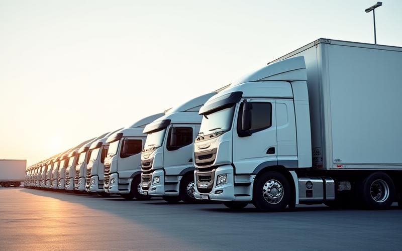 Lineup of modern white logistics trucks