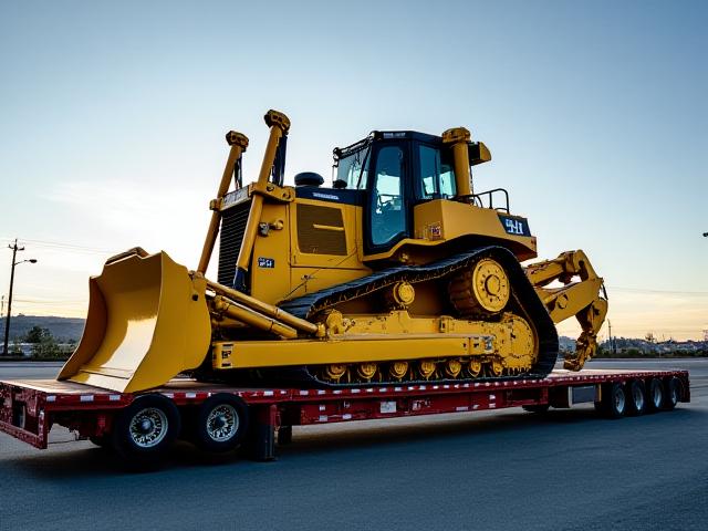 Bulldozer on lowboy trailer