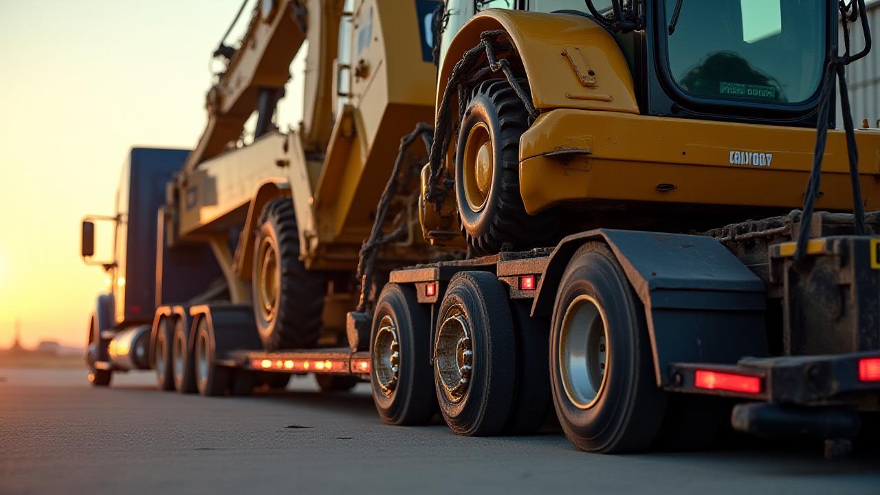 Heavy construction excavator secured on a professional flatbed trailer