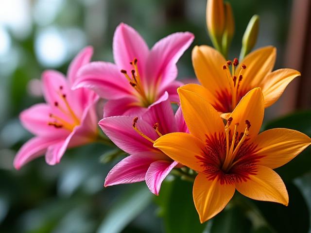 A vibrant arrangement of exotic flowers in a florist workshop