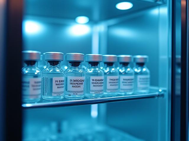 Close up of vaccine vials in a cold storage unit