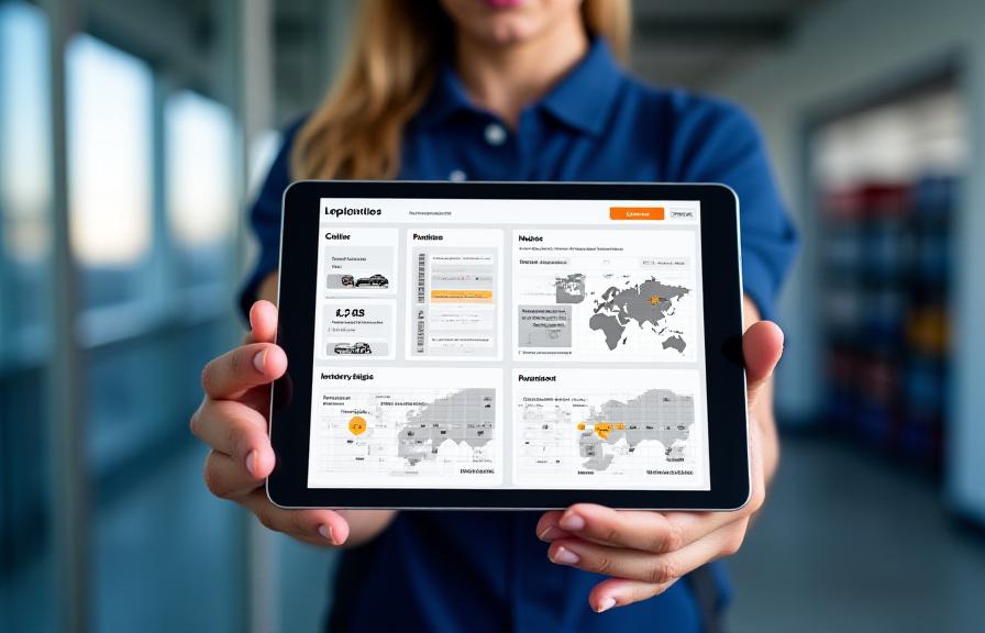 Modern logistics dashboard on a tablet showing real-time freight analytics